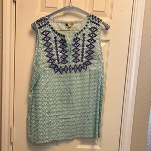 Talbots XL Aqua Sleeveless Top with Purple Embroidery
